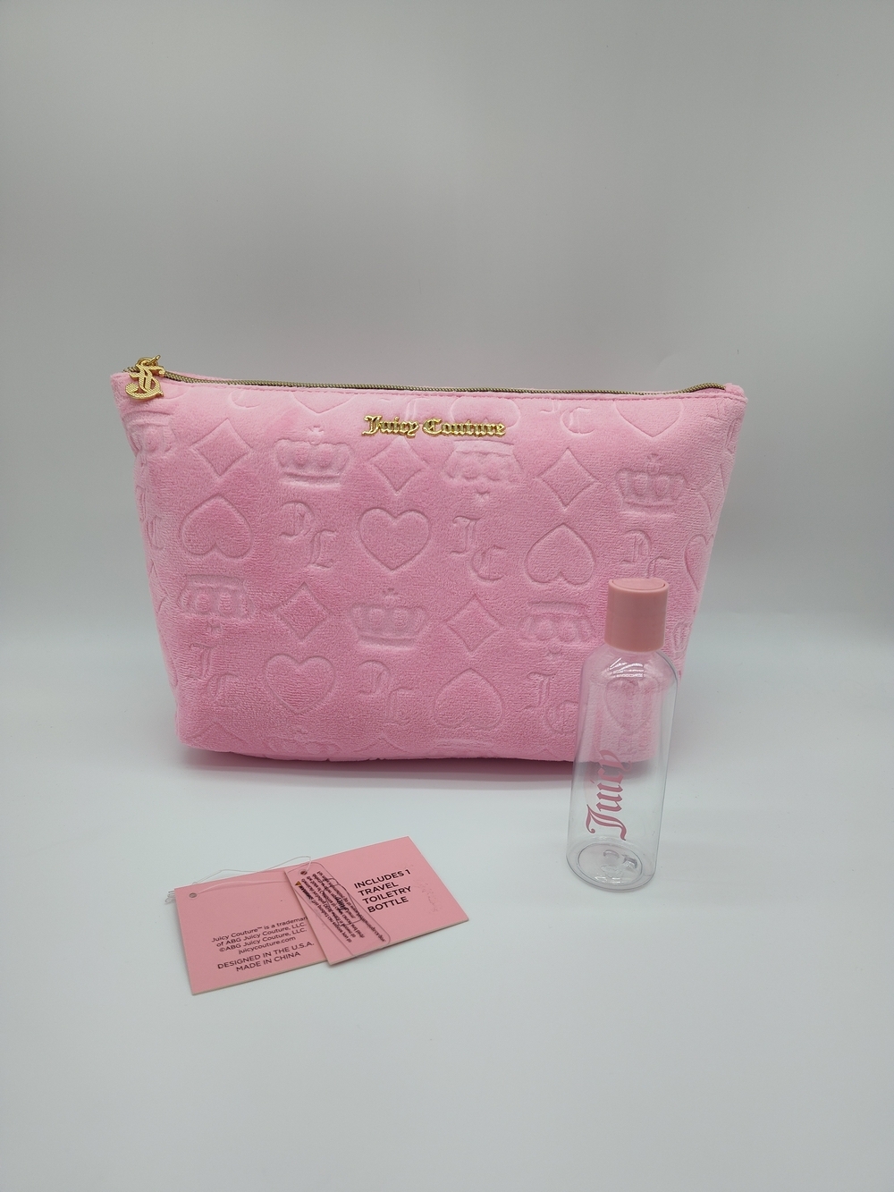JUICY COUTURE Pink Velour Monogram Cosmetic Bag Travel Bottle NWT